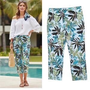 Chico's Pull-on Floral Crop Pants Sz 0/ US 4 White Blue Tropical Stretch Pockets